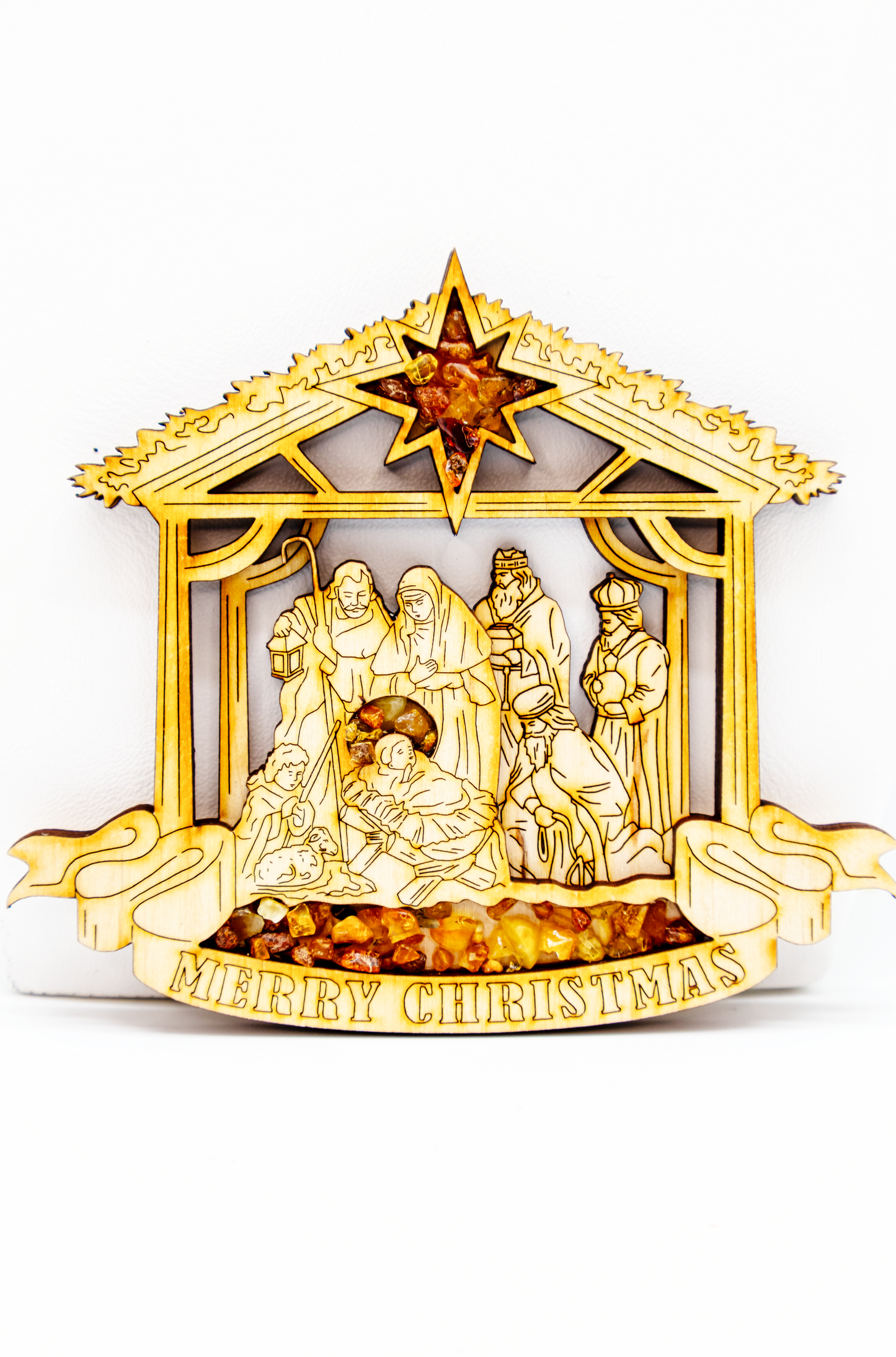 Weihnachtskrippe Magnet aus Holz mit echtem Bernstein