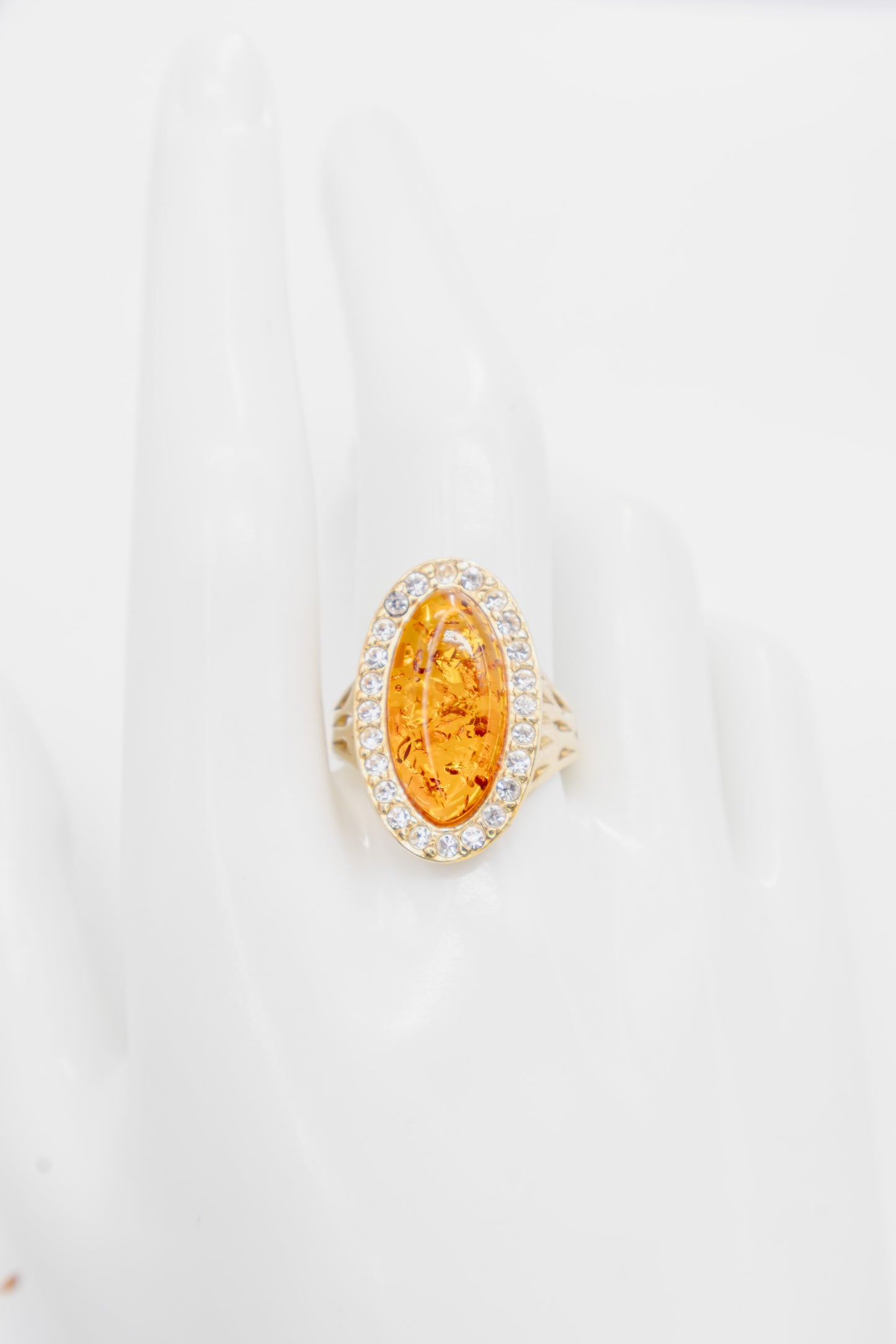 Statement ring with genuine amber and cubic zirconia