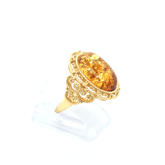 Schicker Bernsteinring im Vintage-Stil – 24k vergoldet & verstellbar