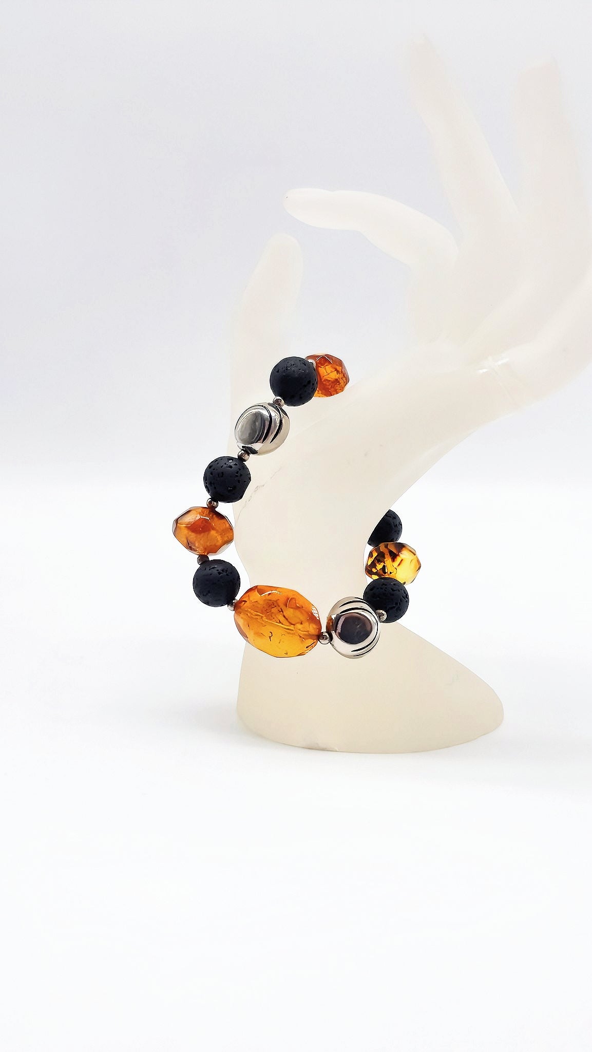 Exclusive amber bracelet with lava stone & silver