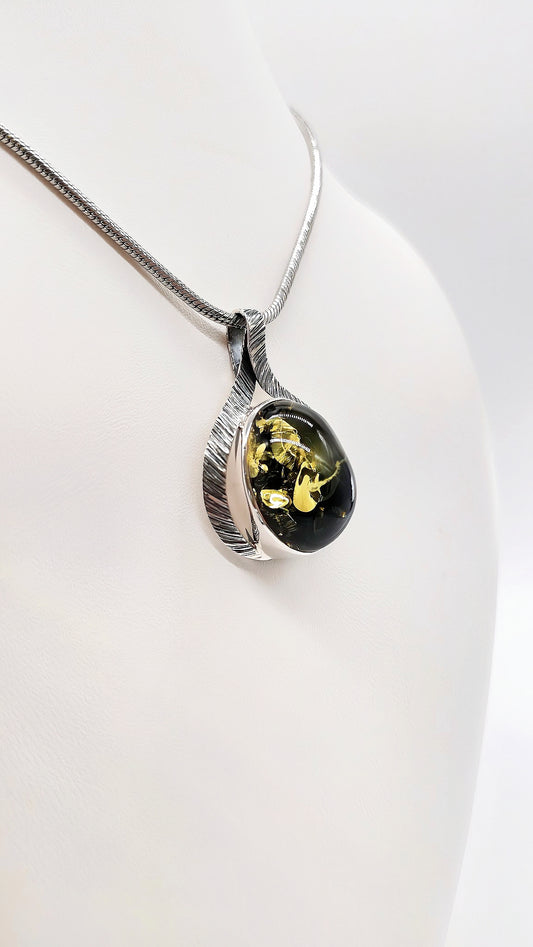 Green amber pendant unique handmade