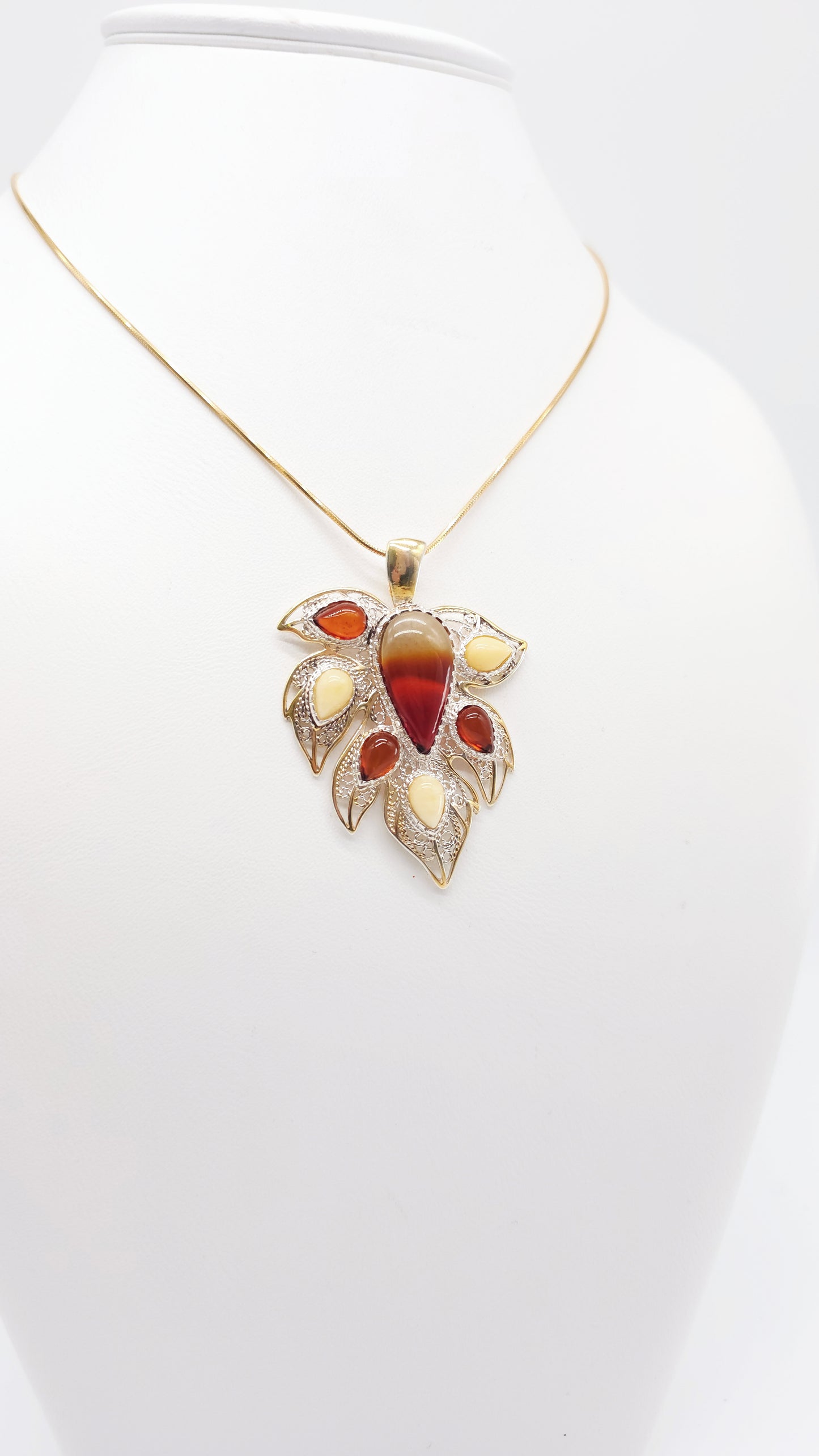 Unique jewelry leaf with genuine amber & silver