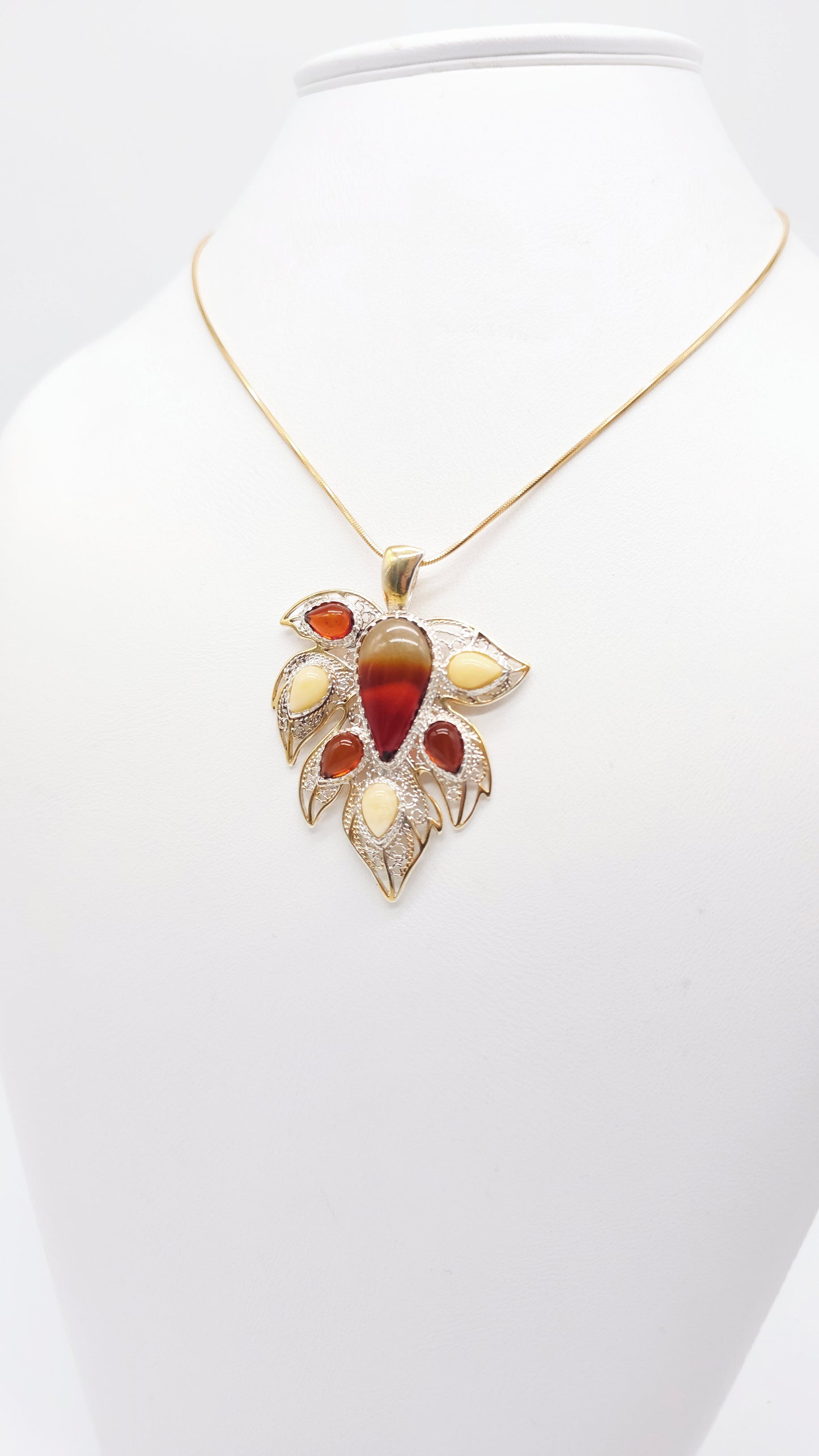 Unique jewelry leaf with genuine amber & silver