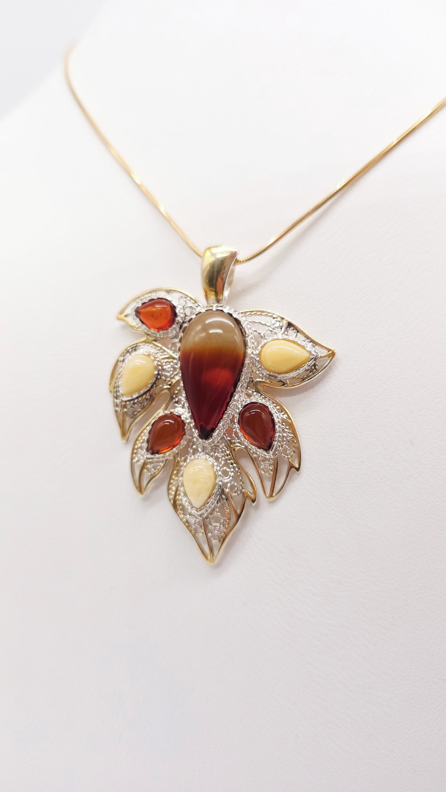 Unique jewelry leaf with genuine amber & silver