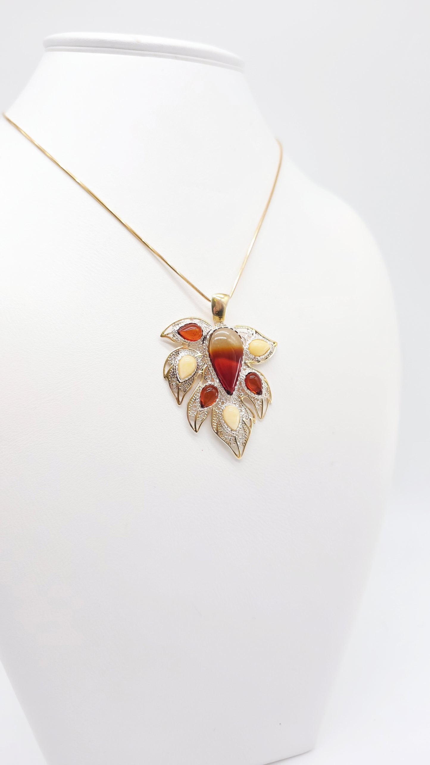 Unique jewelry leaf with genuine amber & silver