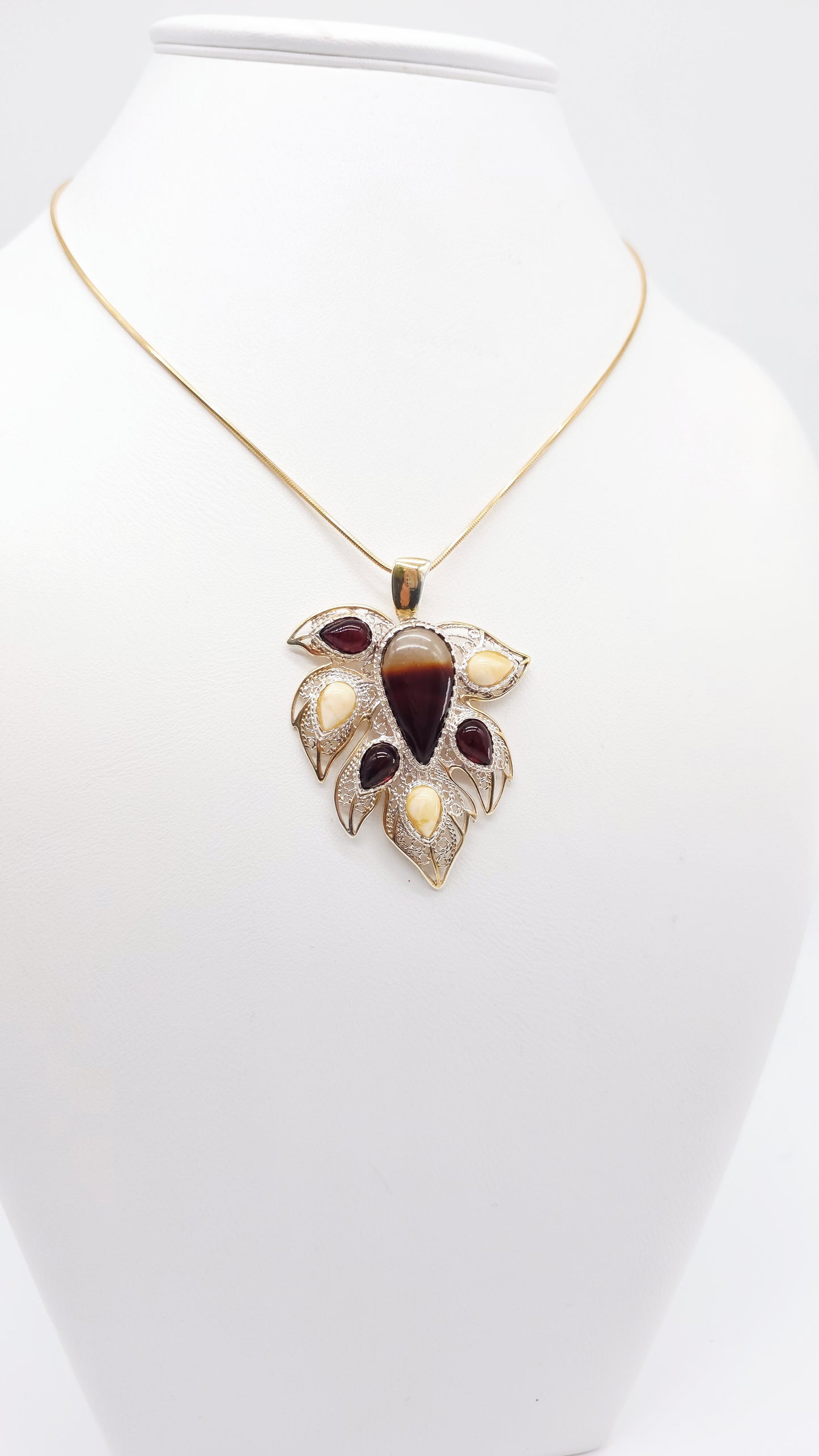 Unique jewelry leaf with genuine amber & silver