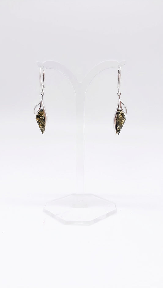 Modern silver earrings with genuine amber