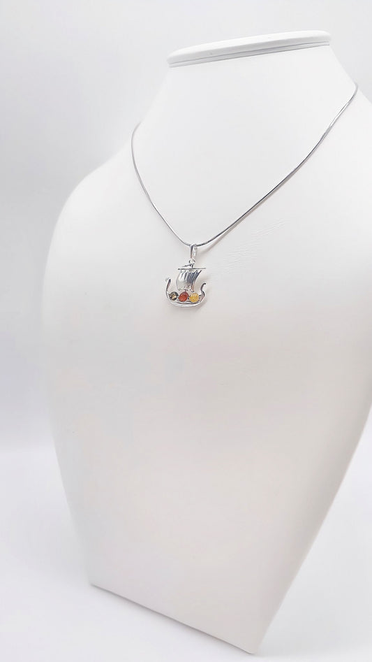 Viking boat pendant: amber and colorful stones