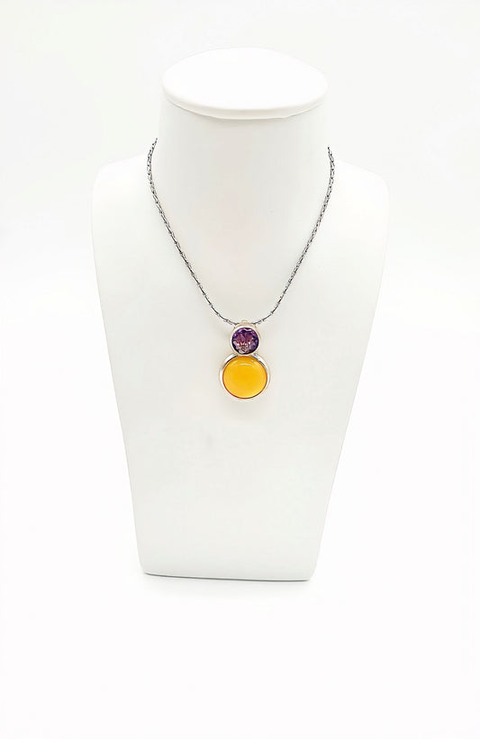 Exclusive amber and amethyst pendant in sterling silver