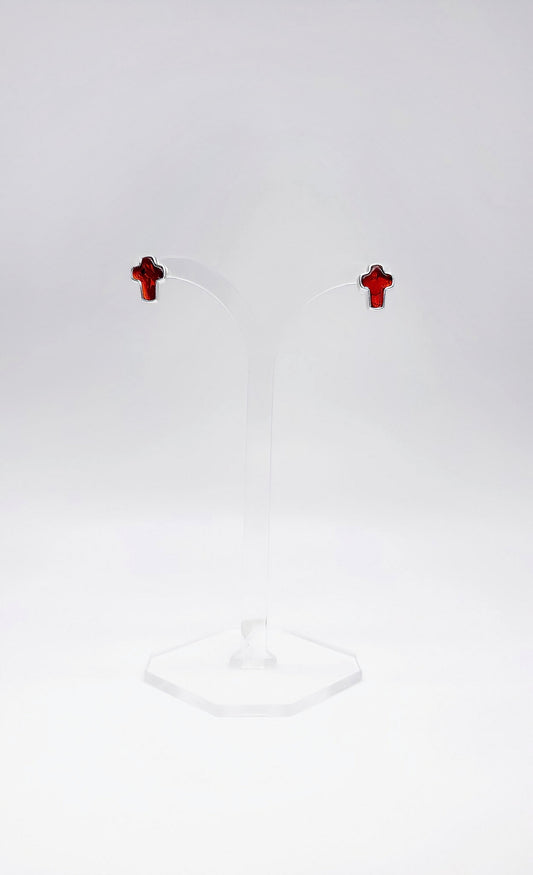 Cross-shaped earrings with red amber made of silver