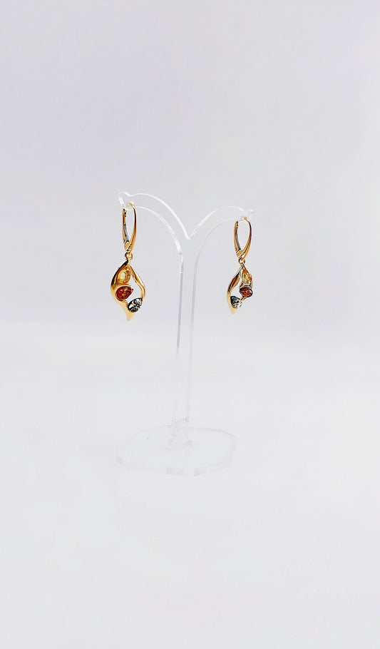 Elegant gold-plated amber earrings with colorful stones