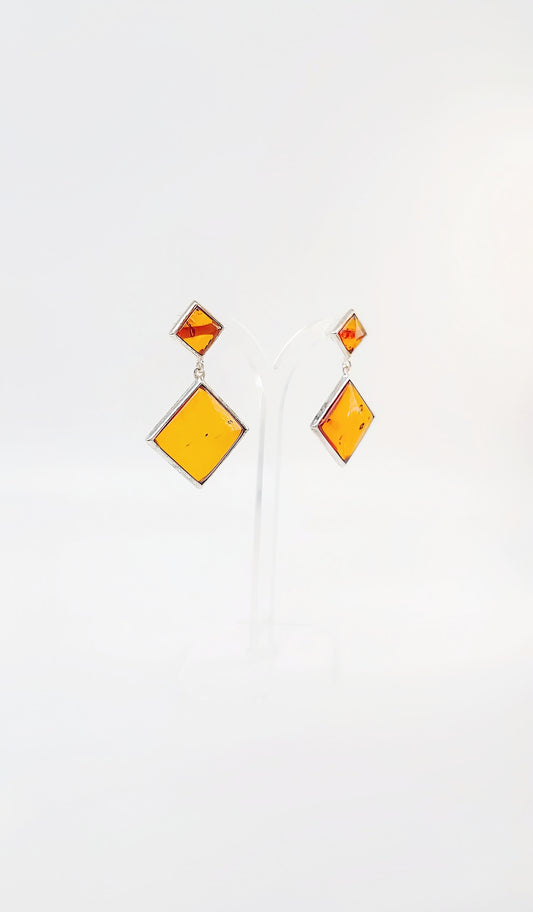 Square amber earrings with silver setting