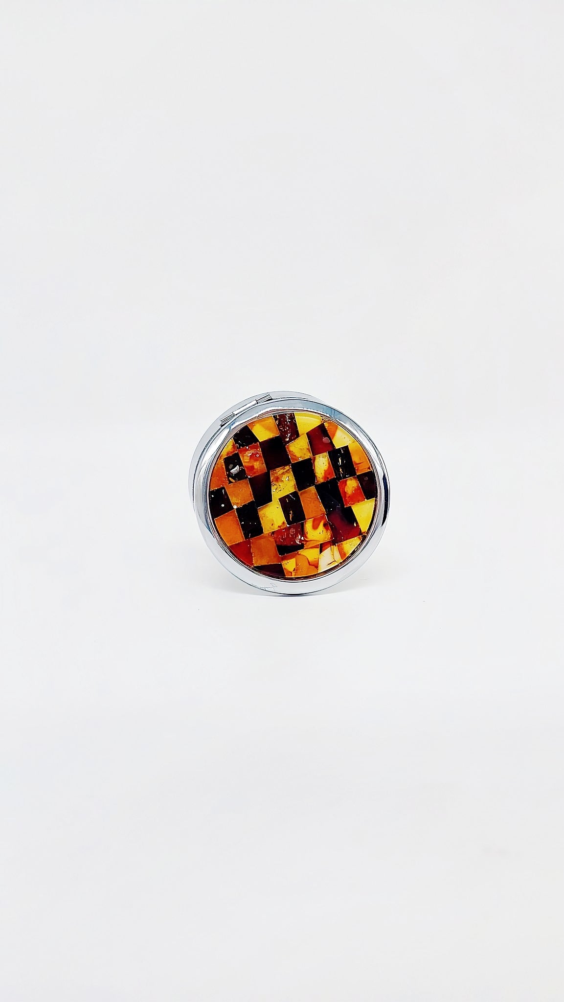 Large round pill box with genuine amber & stainless steel