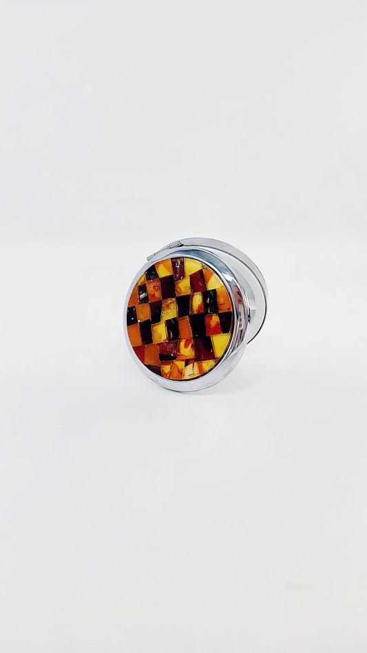 Large round pill box with genuine amber & stainless steel