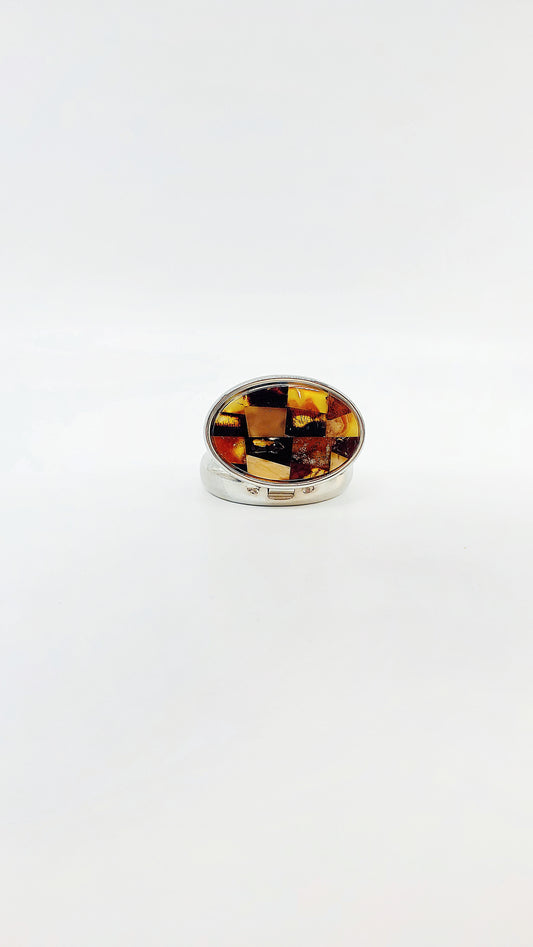 Small oval pill box with genuine amber & stainless steel
