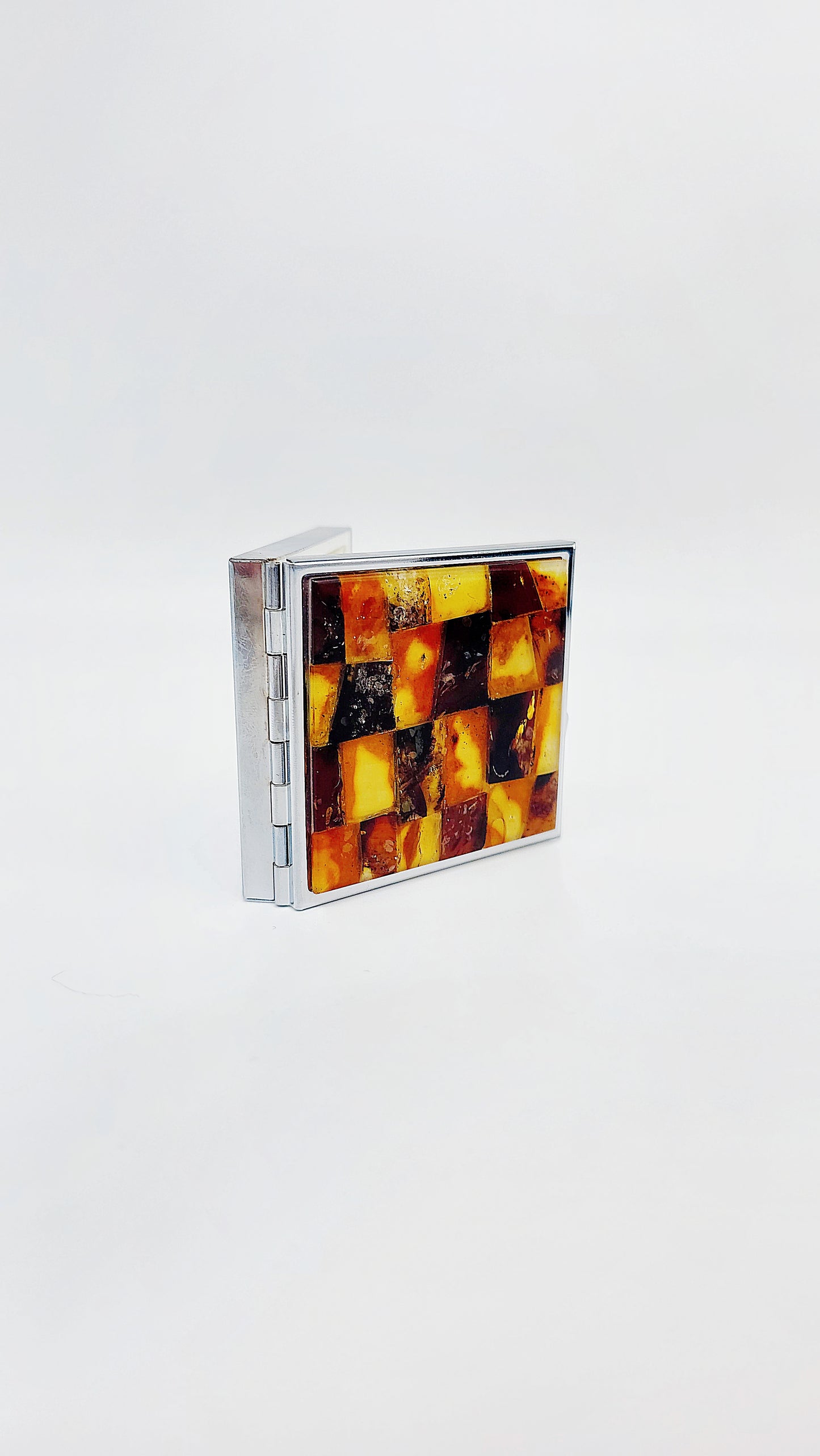 Rectangular pill box with genuine amber & stainless steel