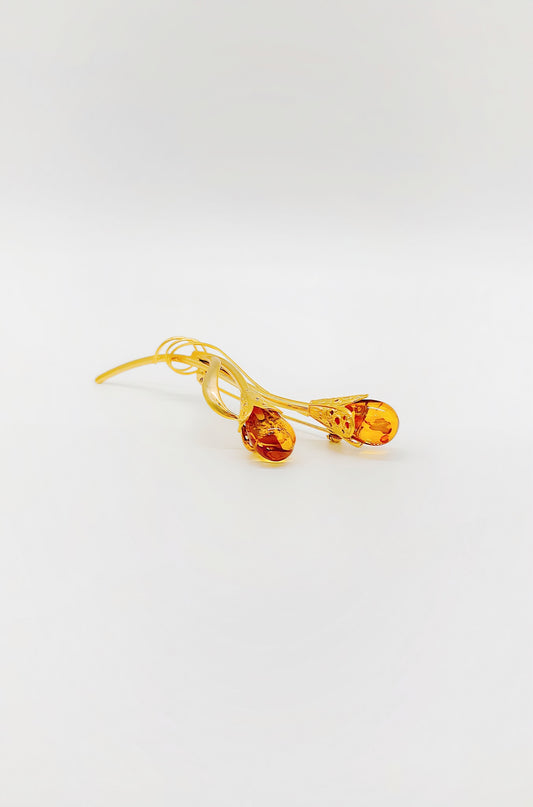 Gold-plated 925 sterling silver brooch with amber – rose design