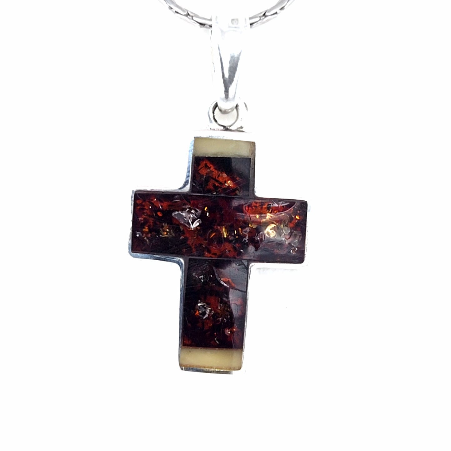 Modern Unisex Amber Cross Pendant, Silver