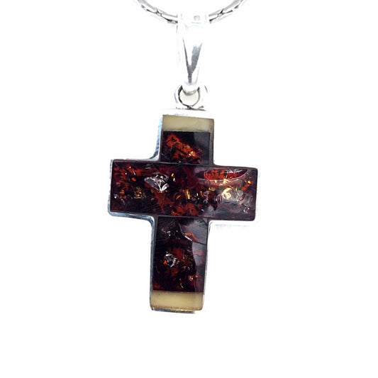 Moderner Unisex Bernstein-Anhänger in Kreuz-Form, Silber