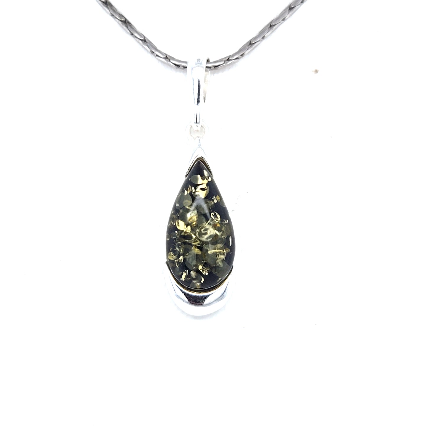 Modern drop-shaped amber pendant, silver