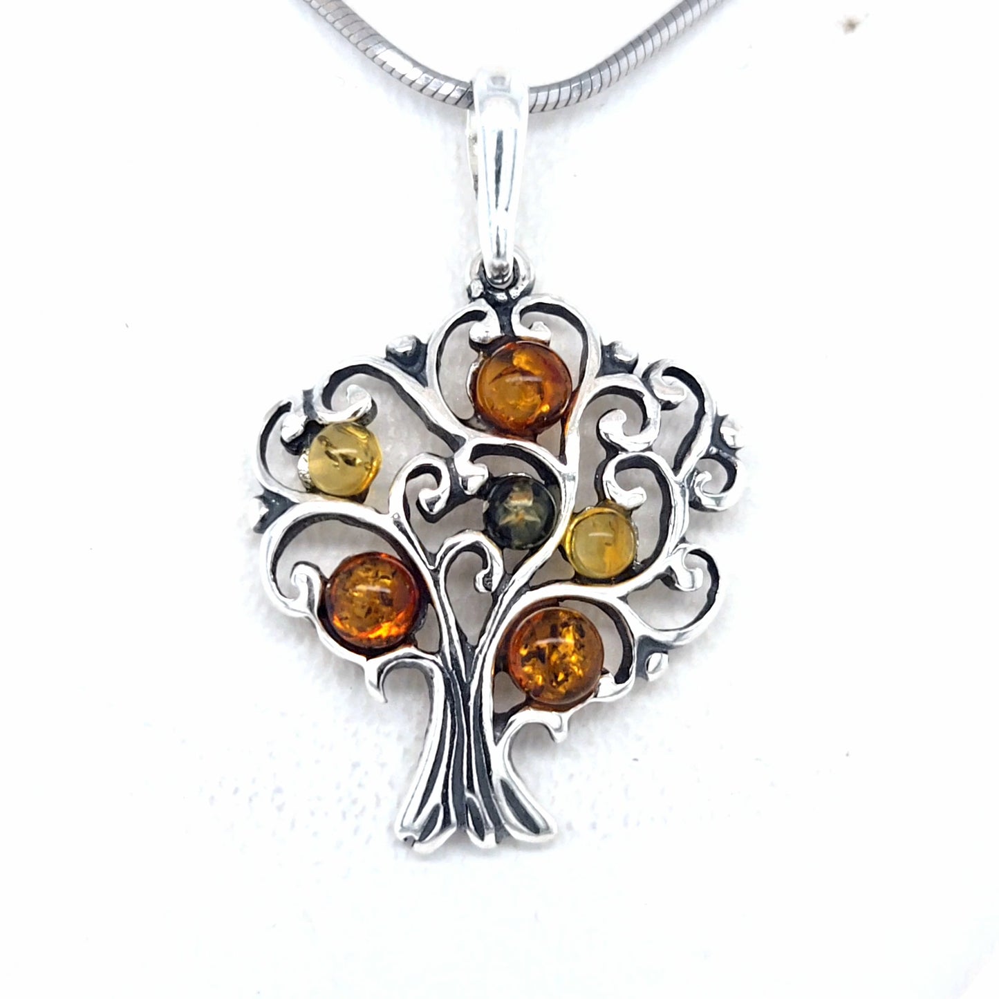 Künstlerischer Bernstein-Anhänger – 925er Silber, Baum-Design