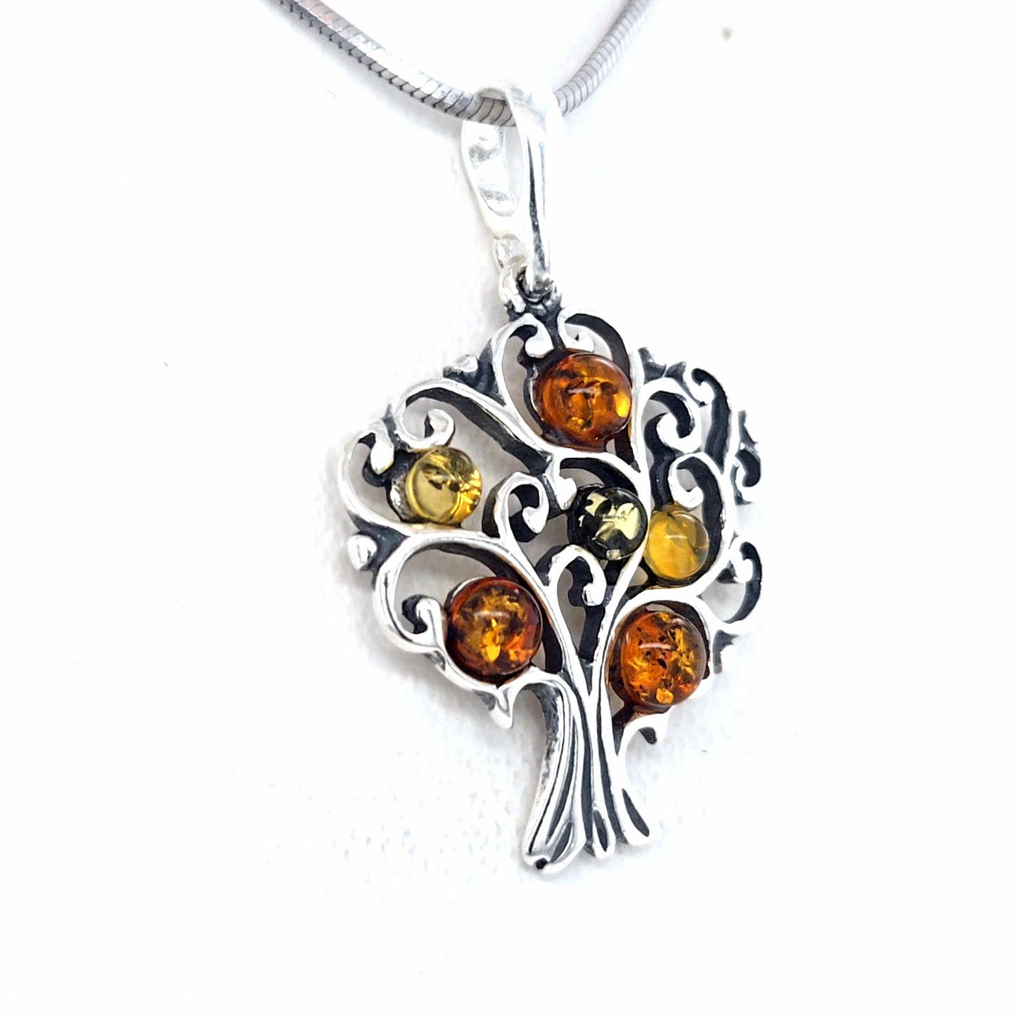 Künstlerischer Bernstein-Anhänger – 925er Silber, Baum-Design
