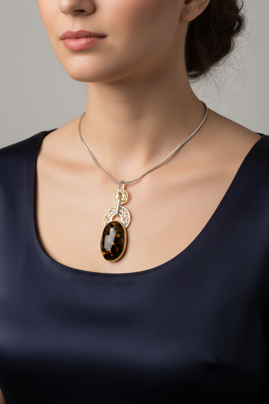 Pendentif moderne en ambre de la mer Baltique en argent