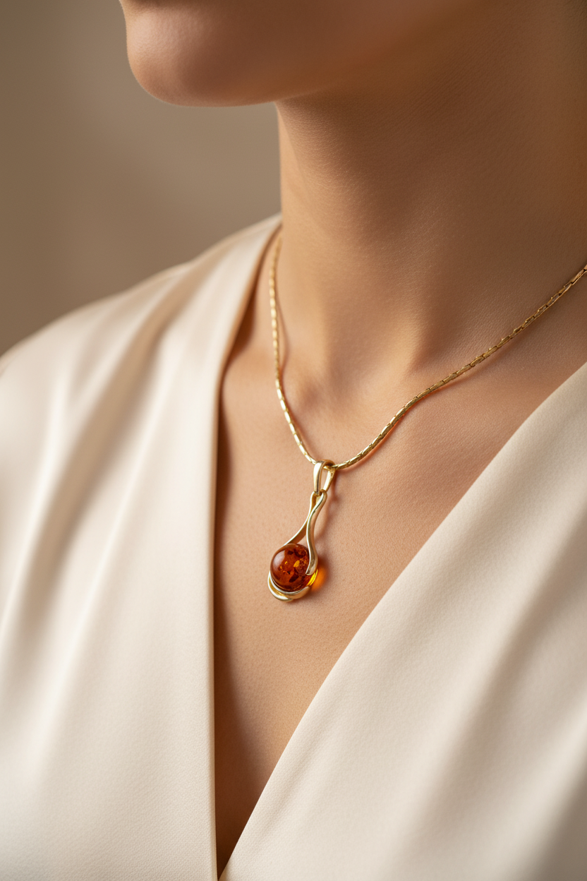 Minimalistischer Bernstein Anhänger aus 24k vergoldetem 925 Sterling Silber
