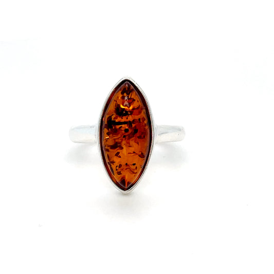Modern amber ring in navette shape