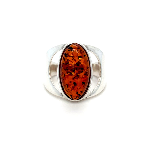 Dames zilveren ring met echte barnsteen in warme kleur