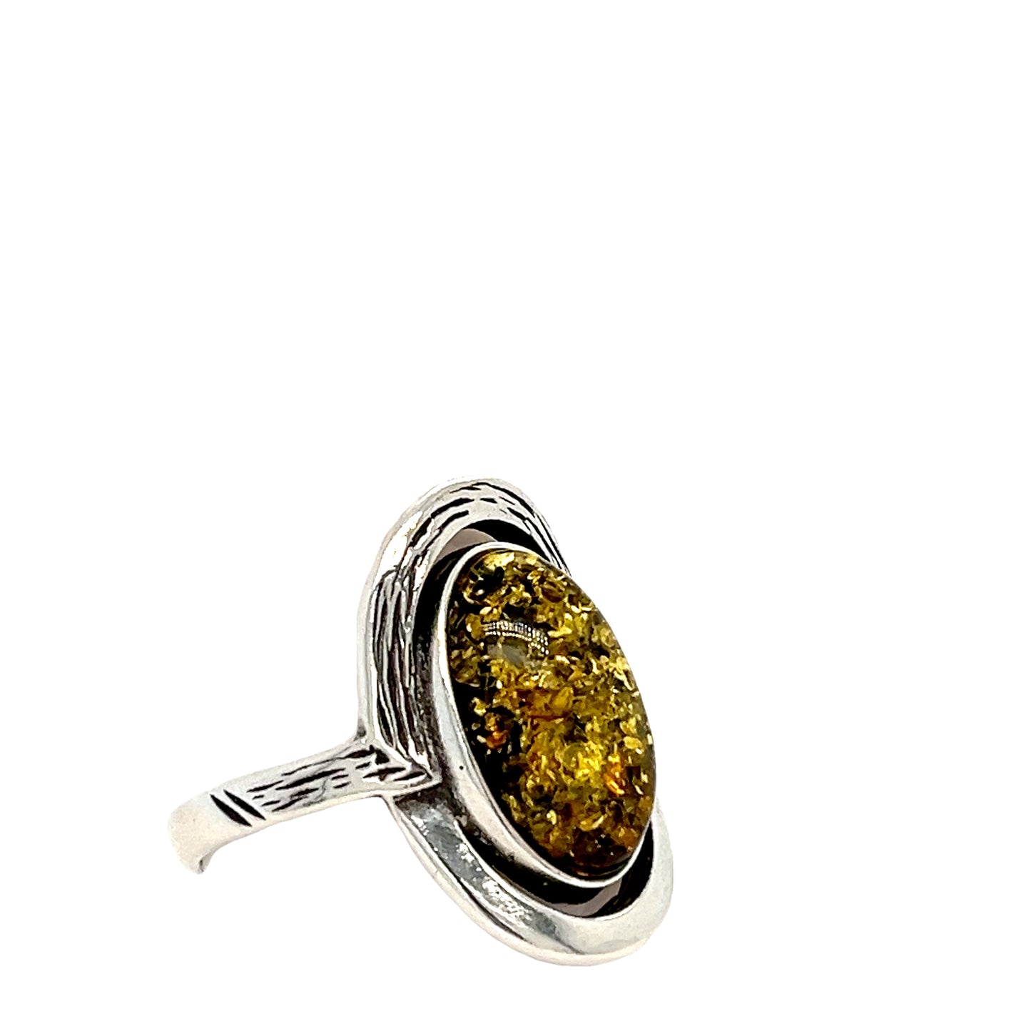 Statement Ring 925 Silber mit grünem Bernstein