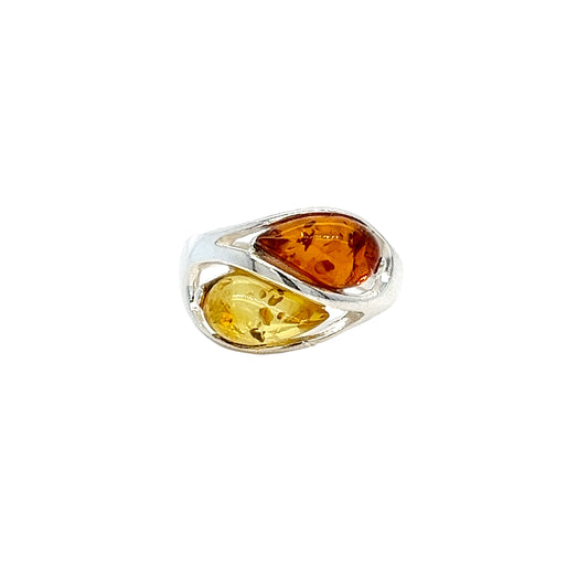 Elegant designer ring with yellow and red amber