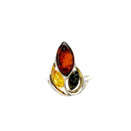 Modern silver ring with genuine amber