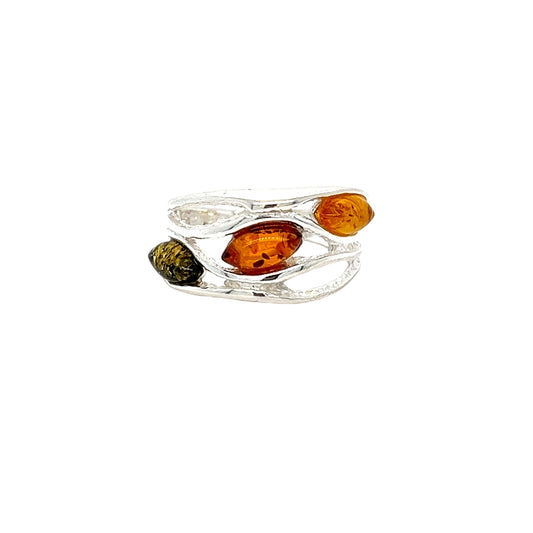 Modern silver ring with genuine amber