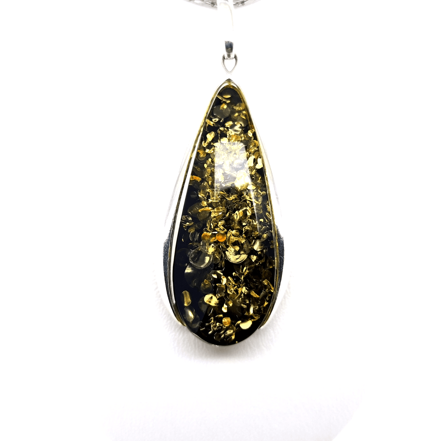 Teardrop pendant with green amber