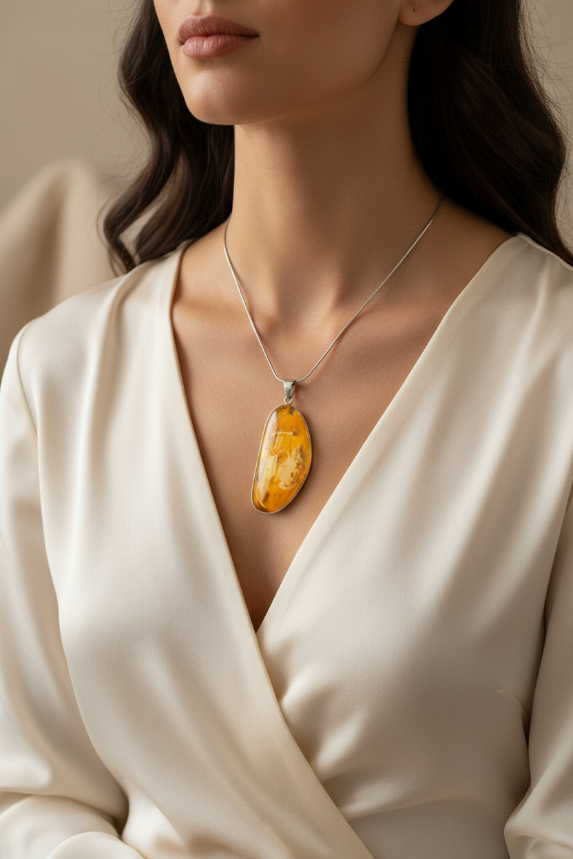 Vintage Amber Pendant Silver 925 yellow Unique