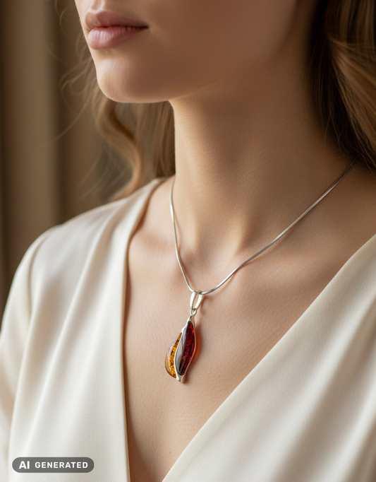 Pendentif en ambre moderne – ambre naturel bicolore en argent