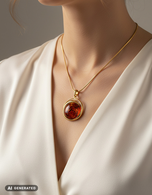 Pendentif en ambre moderne – design rond, plaqué or 24 carats