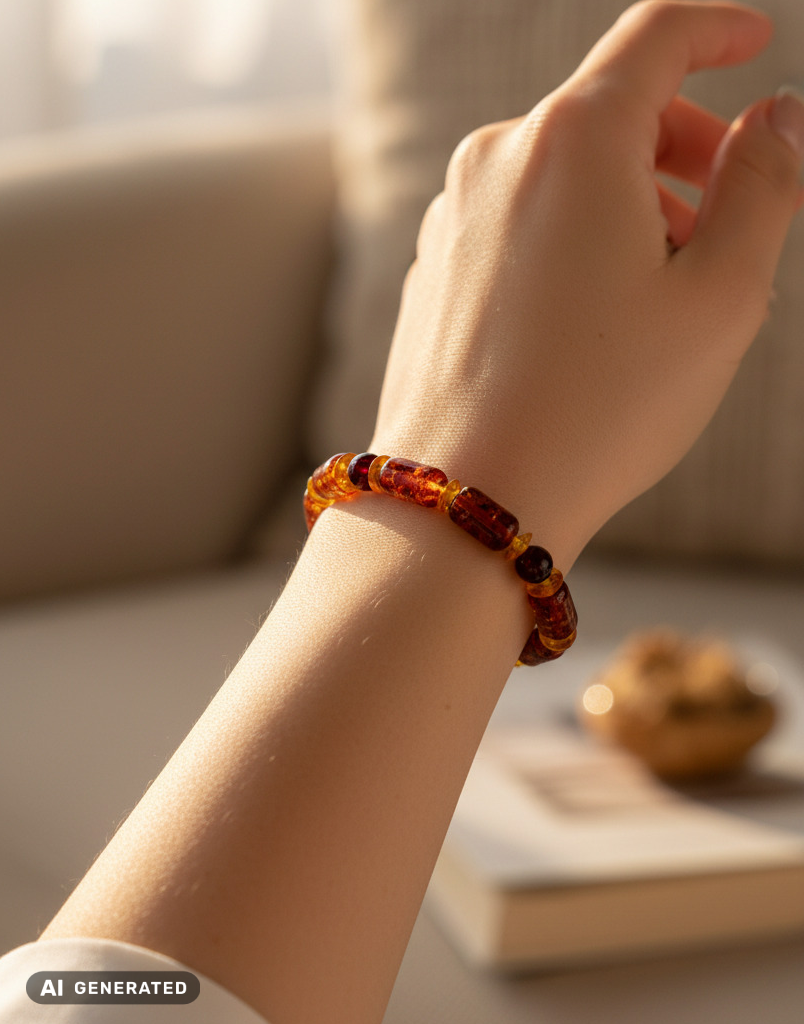 Bijoux naturels : bracelet en ambre sur bande élastique