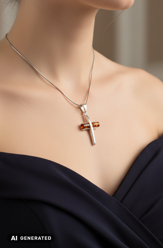 Modernes Bernstein-Kreuz – Eleganter Anhänger in 925er Silber