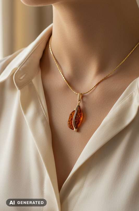 Modern Pendant with Amber – 24K Gold Plated Silver