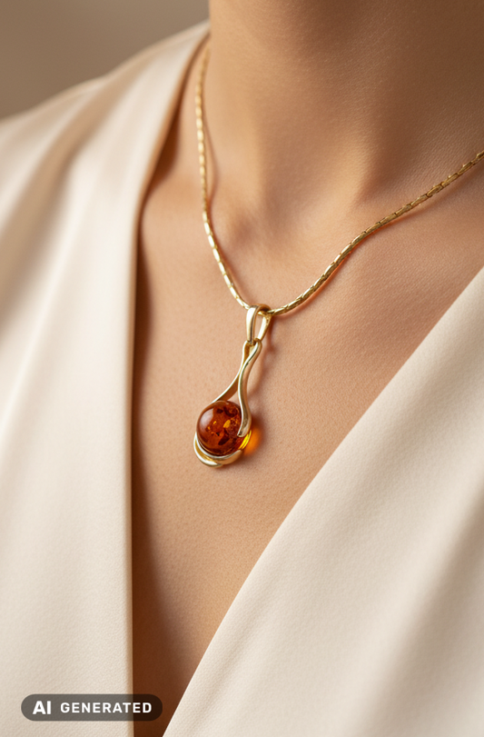 Minimalistischer Bernstein Anhänger aus 24k vergoldetem 925 Sterling Silber