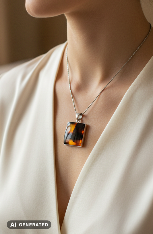 Pendentif carré en ambre argent 925 moderne  
