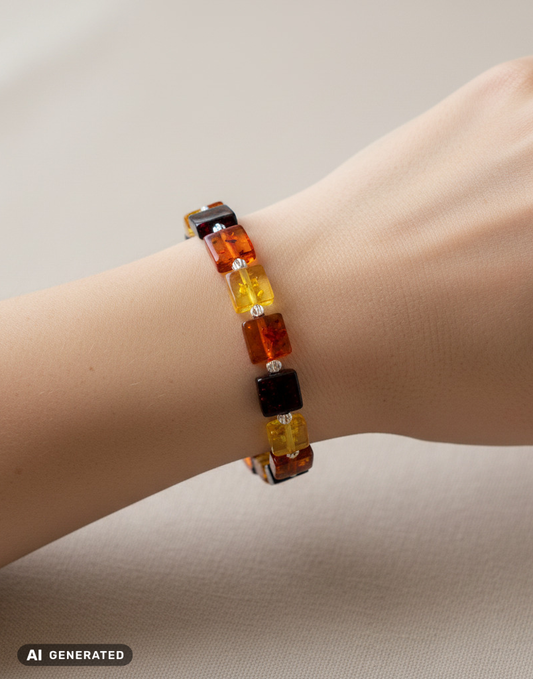 Bracelet en ambre coloré avec éléments carrés