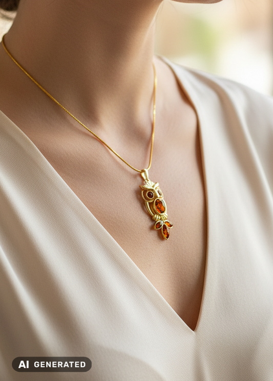 Vergoldeter Anhänger Eule mit Bernstein – edler Schmuck Damen