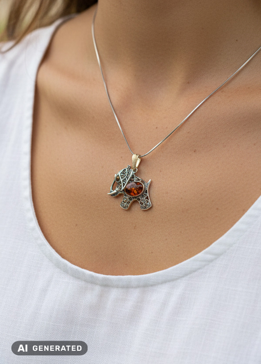 Finmaskigt elefanthänge i sterlingsilver med bärnsten