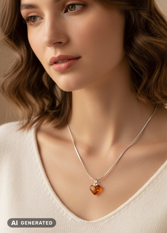 Pendentif cœur avec ambre et chaîne en argent 925