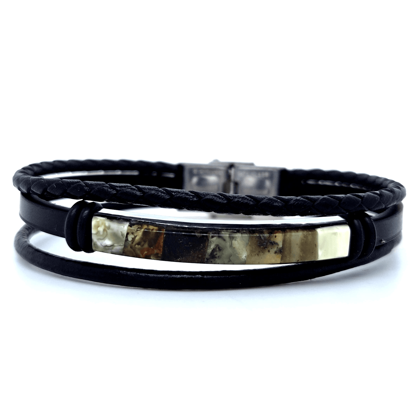 Gevlochten leren armband met barnsteen