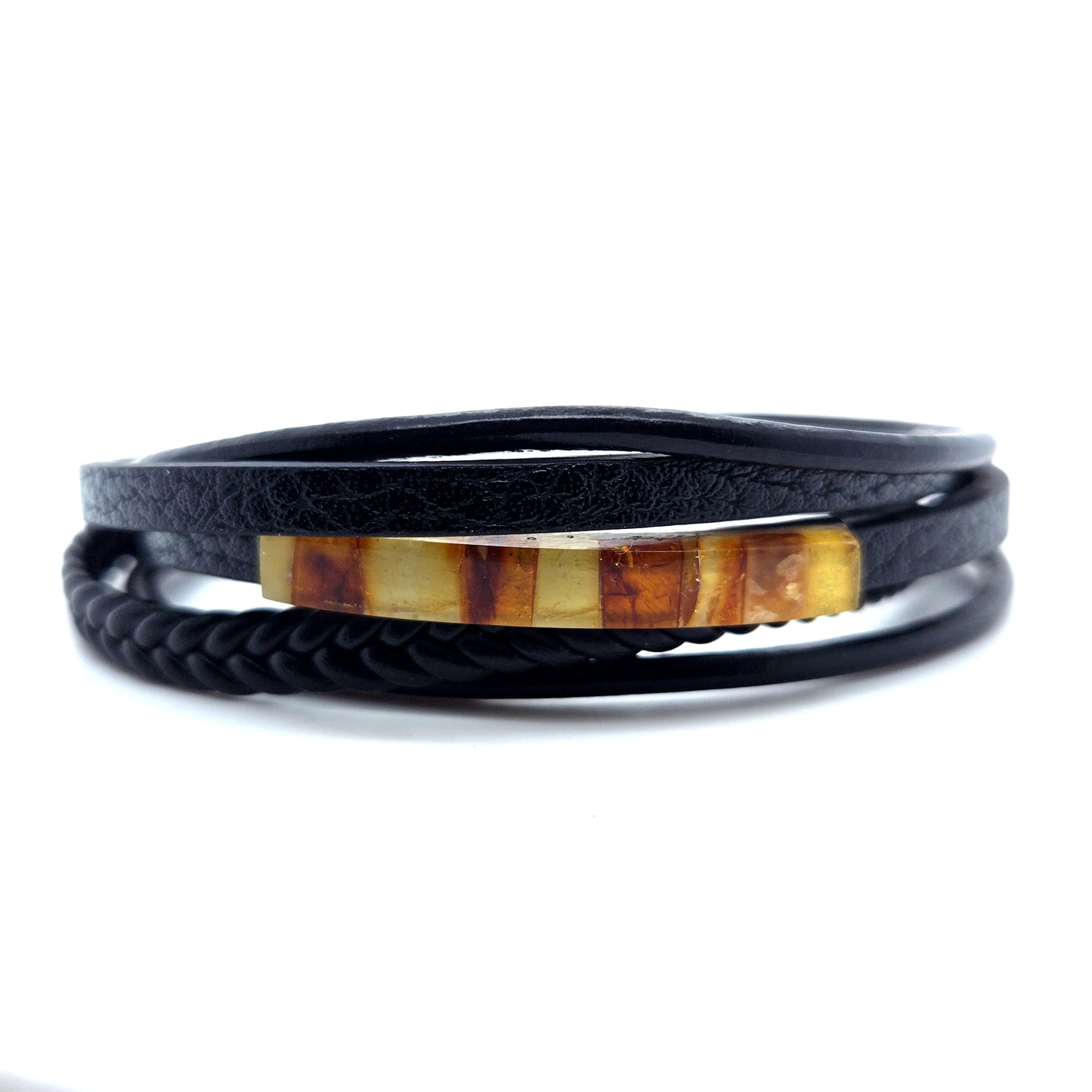 Unisex Lederarmband mit baltischem Bernstein – Robust & Stilvoll