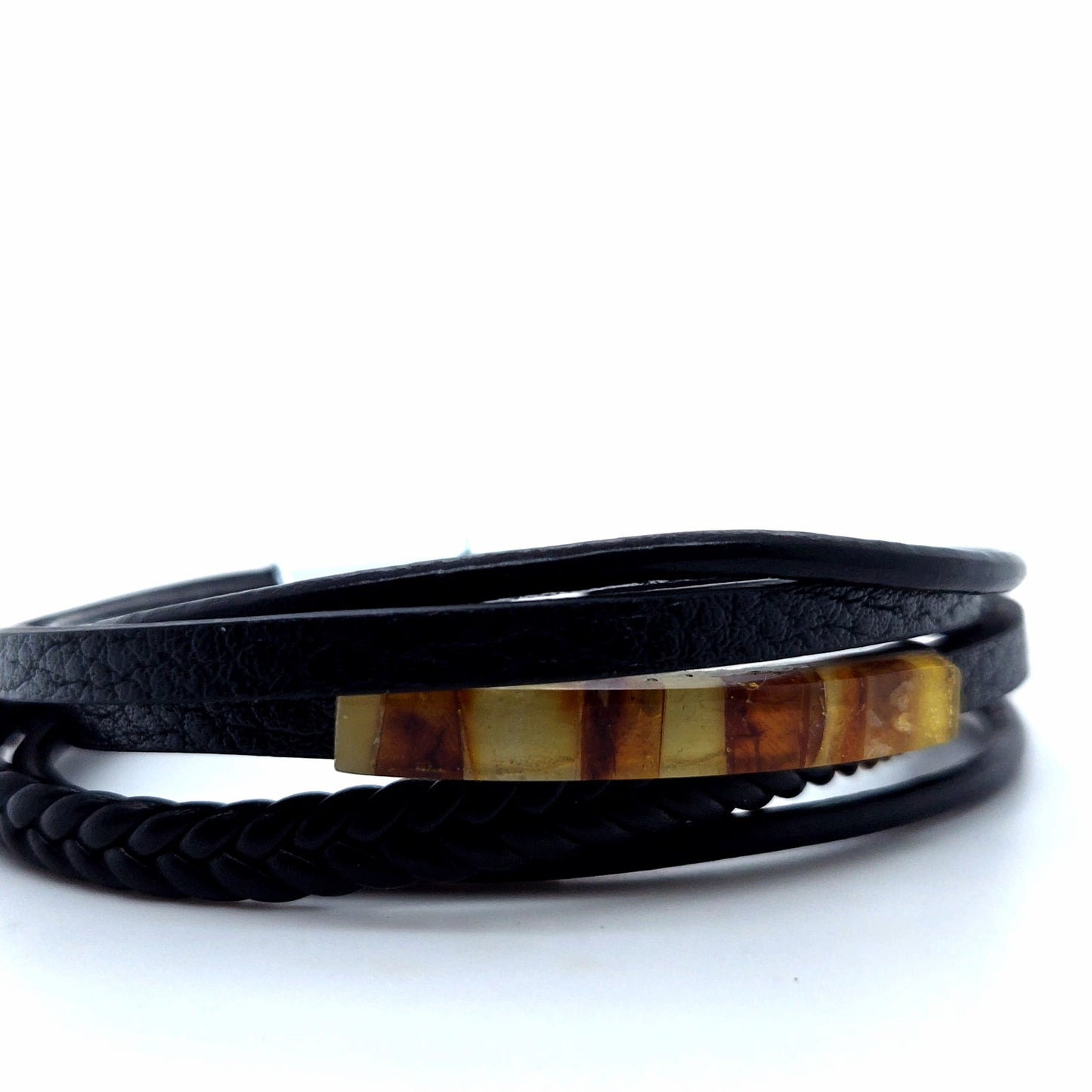 Unisex Lederarmband mit baltischem Bernstein – Robust & Stilvoll